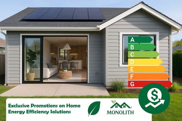 Modern energy-efficient home with solar panels, green energy rating chart, and promotional banner for Monolith Housing Solutions.