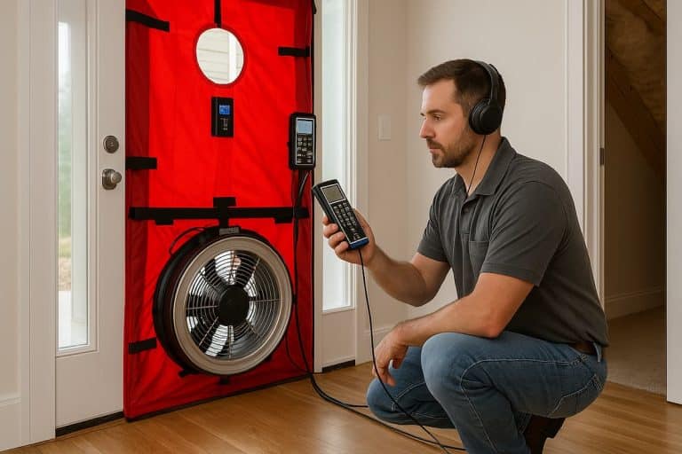 Technician performing a blower door test using a red fan setup and digital manometer in a modern home.