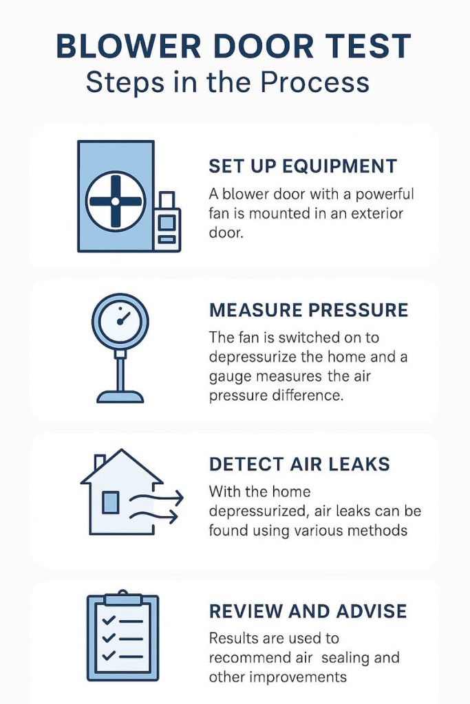 Infographic showing four steps of a blower door test process
